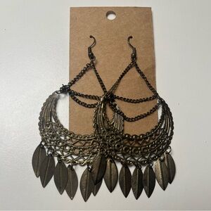 Boho Antique Brass Leaf Chandelier Earrings - Women Jewelry